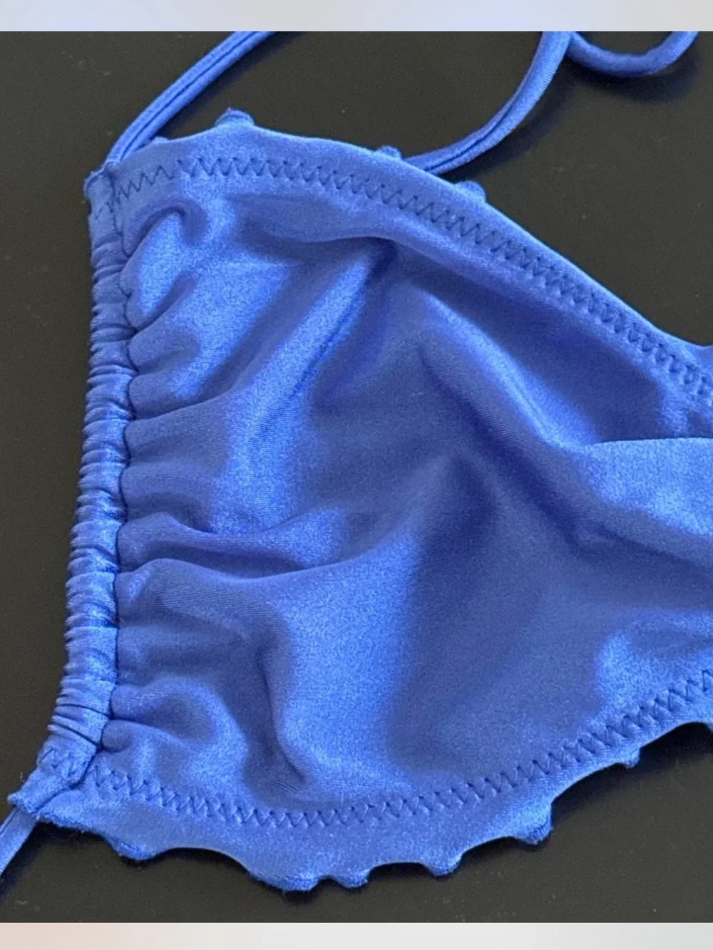 Luli Fama XL Royal Blue Bikini Top Ruffle Ruched Tie Front Halter‎ Swimwear Luxe